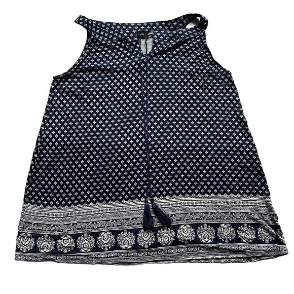 Lily Morgan boho tank top boat neck damask navy blue white tassels Size S - Picture 10 of 13